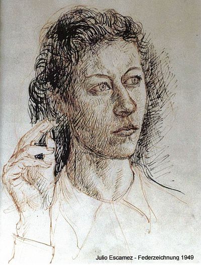 Eine Federzeichnung zeigt Gesicht und erhobene Hand einer Frau, die aufmerksam nach der Seite blickt und horcht. Ihr waches und offenes Gesicht mit den offenen Augen und dem geschlossenen Mund wirkt etwas skeptisch.