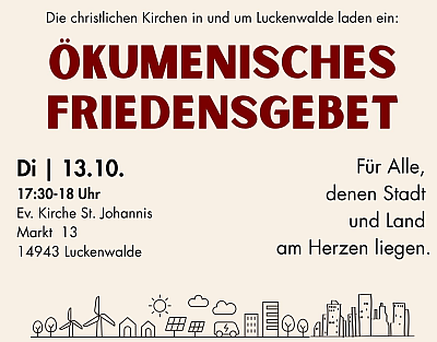 Plakatausschnitt mit Text und einem lustigen Stadt-Land-Silhouettenband mit Häusern, Bäumen, Windrädern, Sonne und Wolken und einem Elektroauto
