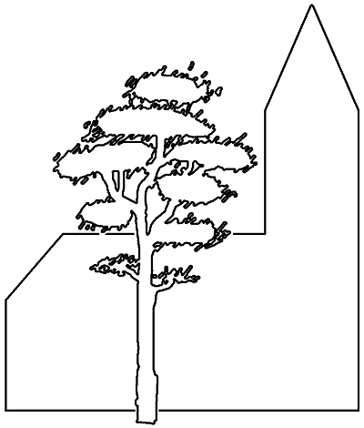Eine Strichzeichnung zeigt im Hintergrund eine Kirche mit Schiff und Turm und im Vordergrund einen Baum. Er sieht wie eine Kiefer aus.