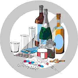 Abbildung: Flaschen, Trinkgläser, Spritzen, Ampullen und Tabletten durchgestrichen wie ein Parkverbotsschild
