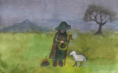 Es ist November. Auf einer noch grünen Weide mit einem einzelnen Baum stehen in grauem Nachmittagslicht ein Hirte und ein einzelnes Schaf. Der Hirte sucht etwas in seiner Tasche, worauf das Schaf zu warten scheint.