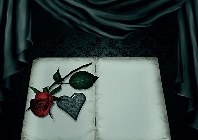 Eine Rose liegt als Zeichen der Trauer auf einem aufgeschlagenen Buch mit leeren Textseiten. Darüber hängt ein schwarzer Vorhang.